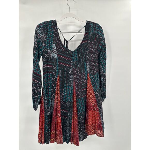 Boho Patchwork Dress Small Mini Deep V Artistic Country Cowgirl Lined Flowy - Picture 1 of 10